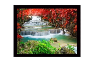 Inramad Canvastavla i trä - 41x56 cm - Vackra vattenfall omgivna av rödbladig vegetation - Röd / Grön / Turkos - Inredning - Tavlor & posters - Canvastavla