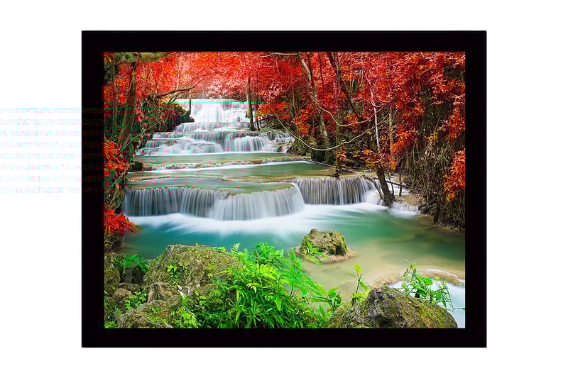 Inramad Canvastavla i trä - 41x56 cm - Vackra vattenfall omgivna av rödbladig vegetation - Röd / Grön / Turkos - Inredning - Tavlor & posters - Canvastavla