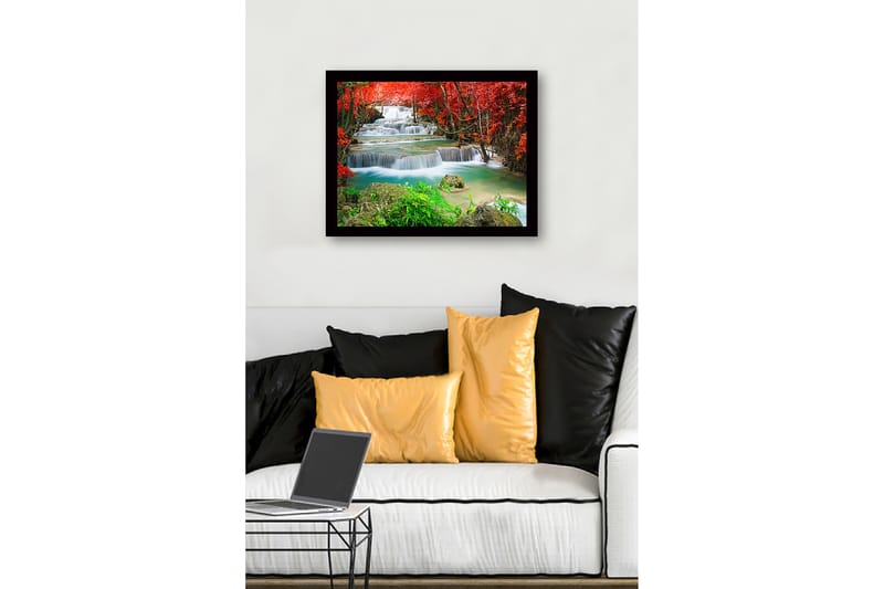 Inramad Canvastavla i trä - 41x56 cm - Vackra vattenfall omgivna av rödbladig vegetation - Röd / Grön / Turkos - Inredning - Tavlor & posters - Canvastavla