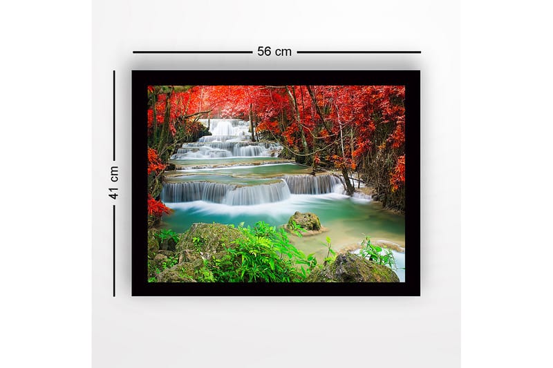 Inramad Canvastavla i trä - 41x56 cm - Vackra vattenfall omgivna av rödbladig vegetation - Röd / Grön / Turkos - Inredning - Tavlor & posters - Canvastavla