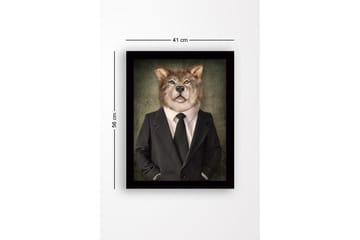 Inramad Canvastavla i trä - 41x56 cm - Varg med mänskliga drag i kostym och slips - Grå / Svart / Beige - Inredning - Tavlor & posters - Canvastavla