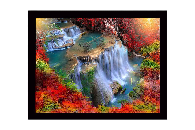 Inramad Canvastavla i trä - 41x56 cm - Vattenfall omgivna av färgglada höstlöv, Röd / Grön / Blå