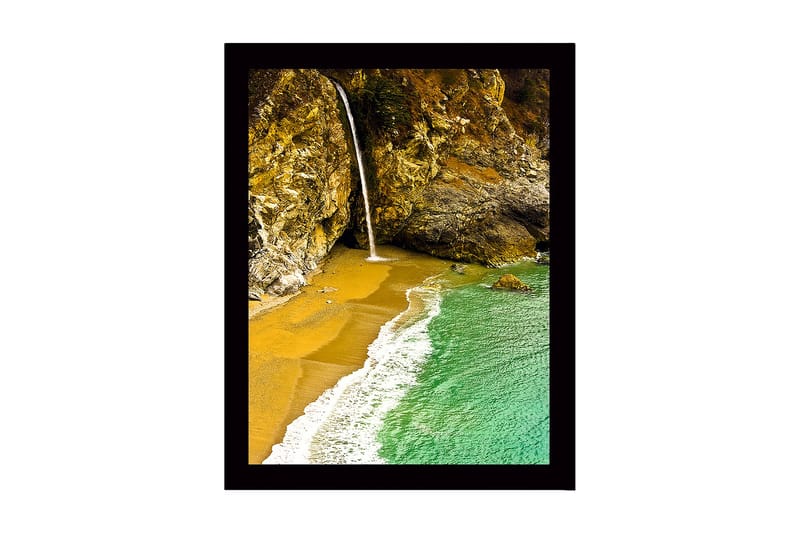 Inramad Canvastavla i trä - 41x56 cm - Vattenfall som rinner ner i en strandvik omgiven av klippor - Guld / Turkos / Grå - Inredning - Tavlor & posters - Canvastavla