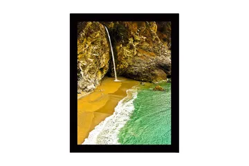 Inramad Canvastavla i trä - 41x56 cm - Vattenfall som rinner ner i en strandvik omgiven av klippor - Guld / Turkos / Grå - Inredning - Tavlor & posters - Canvastavla