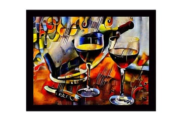 Inramad Canvastavla i trä - 41x56 cm - Vinkaraff och glas med vin i en livlig komposition - Guld / Röd / Blå - Inredning - Tavlor & posters - Canvastavla