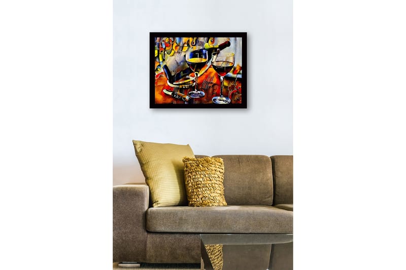 Inramad Canvastavla i trä - 41x56 cm - Vinkaraff och glas med vin i en livlig komposition - Guld / Röd / Blå - Inredning - Tavlor & posters - Canvastavla