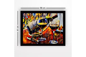 Inramad Canvastavla i trä - 41x56 cm - Vinkaraff och glas med vin i en livlig komposition - Guld / Röd / Blå - Inredning - Tavlor & posters - Canvastavla