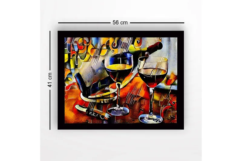 Inramad Canvastavla i trä - 41x56 cm - Vinkaraff och glas med vin i en livlig komposition - Guld / Röd / Blå - Inredning - Tavlor & posters - Canvastavla