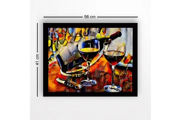 Inramad Canvastavla i trä - 41x56 cm - Vinkaraff och glas med vin i en livlig komposition - Guld / Röd / Blå - Inredning - Tavlor & posters - Canvastavla