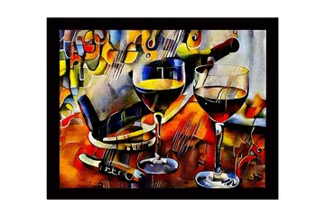 Inramad Canvastavla i trä - 41x56 cm - Vinkaraff och glas med vin i en livlig komposition - Guld / Röd / Blå - Inredning - Tavlor & posters - Canvastavla