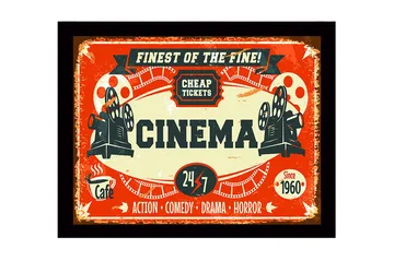 Inramad Canvastavla i trä - 41x56 cm - Vintage affisch för biograf med filmprojektor och biljetter - Röd / Svart / Beige - Inredning - Tavlor & posters - Canvastavla