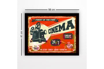 Inramad Canvastavla i trä - 41x56 cm - Vintage affisch för biograf med filmprojektor - Röd / Svart / Beige - Inredning - Tavlor & posters - Canvastavla
