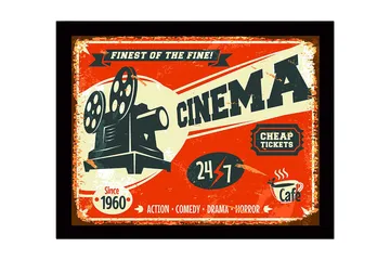 Inramad Canvastavla i trä - 41x56 cm - Vintage affisch för biograf med filmprojektor - Röd / Svart / Beige - Inredning - Tavlor & posters - Canvastavla
