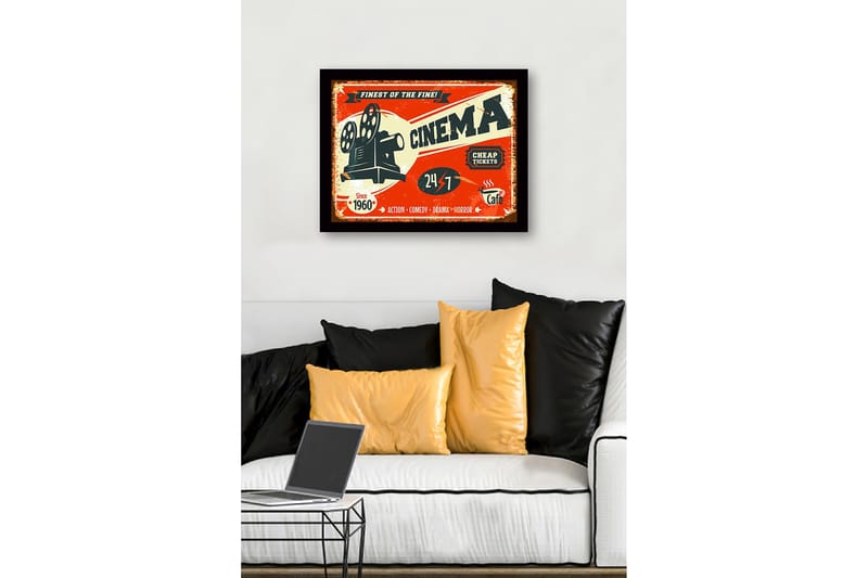 Inramad Canvastavla i trä - 41x56 cm - Vintage affisch för biograf med filmprojektor - Röd / Svart / Beige - Inredning - Tavlor & posters - Canvastavla