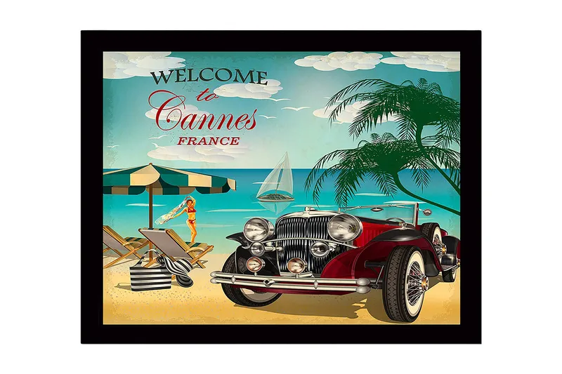 Inramad Canvastavla i trä - 41x56 cm - Vintage bil vid en strand i Cannes med en solbadande kvinna - Röd / Blå / Grön - Inredning - Tavlor & posters - Canvastavla
