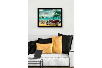 Inramad Canvastavla i trä - 41x56 cm - Vintage bil vid en strand i Cannes med en solbadande kvinna - Röd / Blå / Grön - Inredning - Tavlor & posters - Canvastavla