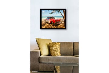 Inramad Canvastavla i trä - 41x56 cm - Vintage bil vid stranden med en tropisk bakgrund - Röd / Grå / Svart - Inredning - Tavlor & posters - Canvastavla