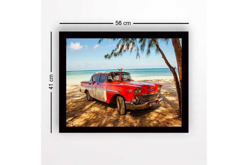 Inramad Canvastavla i trä - 41x56 cm - Vintage bil vid stranden med en tropisk bakgrund - Röd / Grå / Svart - Inredning - Tavlor & posters - Canvastavla