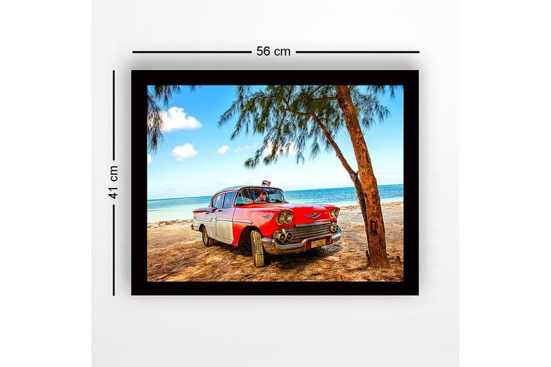 Inramad Canvastavla i trä - 41x56 cm - Vintage bil vid stranden med palmer i bakgrunden - Röd / Vit / Grå - Inredning - Tavlor & posters - Canvastavla