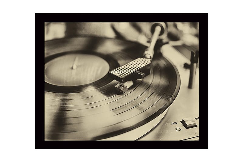 Inramad Canvastavla i trä - 41x56 cm - Vintage skivspelare med snurrande skiva - Svart / Brunt / Guld - Inredning - Tavlor & posters - Canvastavla