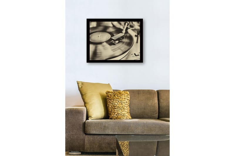 Inramad Canvastavla i trä - 41x56 cm - Vintage skivspelare med snurrande skiva - Svart / Brunt / Guld - Inredning - Tavlor & posters - Canvastavla