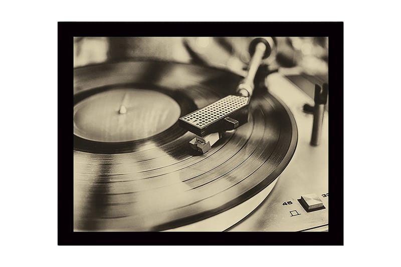 Inramad Canvastavla i trä - 41x56 cm - Vintage skivspelare med snurrande skiva - Svart / Brunt / Guld - Inredning - Tavlor & posters - Canvastavla