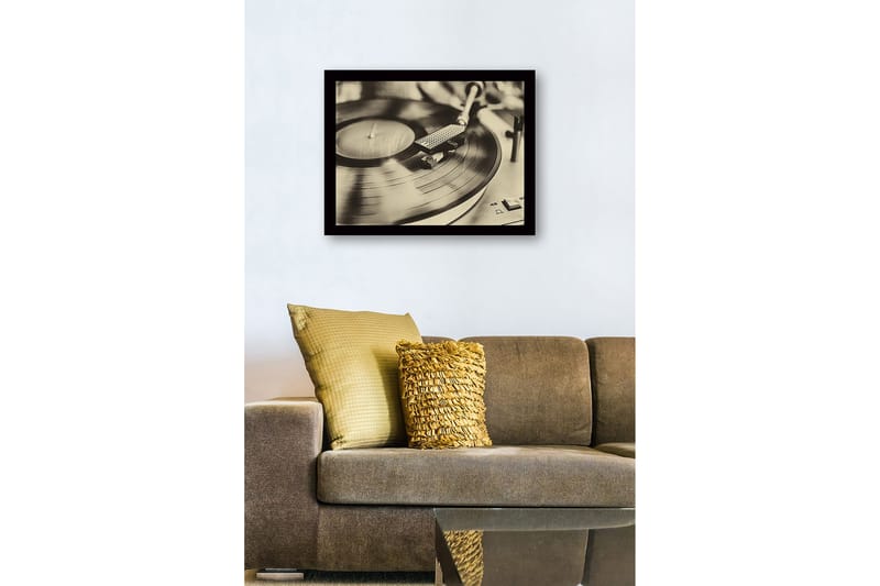 Inramad Canvastavla i trä - 41x56 cm - Vintage skivspelare med snurrande skiva - Svart / Brunt / Guld - Inredning - Tavlor & posters - Canvastavla