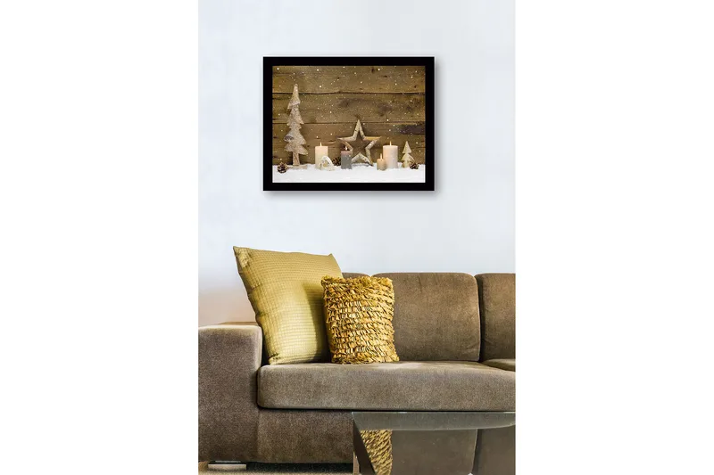 Inramad Canvastavla i trä - 41x56 cm - Vinterlandskap med dekorationer av träd och ljus - Vit / Beige / Brun - Inredning - Tavlor & posters - Canvastavla