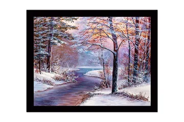 Inramad Canvastavla i trä - 41x56 cm - Vinterlandskap med en fridfull flod och snöklädda träd - Blå / Vit / Rosa - Inredning - Tavlor & posters - Canvastavla