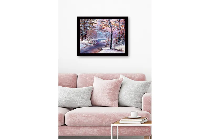 Inramad Canvastavla i trä - 41x56 cm - Vinterlandskap med en fridfull flod och snöklädda träd - Blå / Vit / Rosa - Inredning - Tavlor & posters - Canvastavla