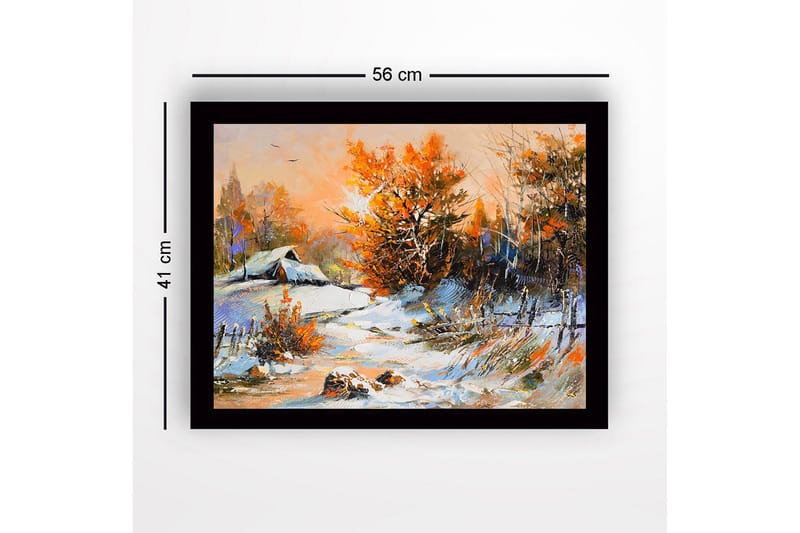 Inramad Canvastavla i trä - 41x56 cm - Vinterlandskap med snöklädda träd och en stuga i bakgrunden - Orange / Vit / Blå - Inredning - Tavlor & posters - Canvastavla