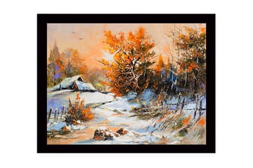 Inramad Canvastavla i trä - 41x56 cm - Vinterlandskap med snöklädda träd och en stuga i bakgrunden - Orange / Vit / Blå - Inredning - Tavlor & posters - Canvastavla