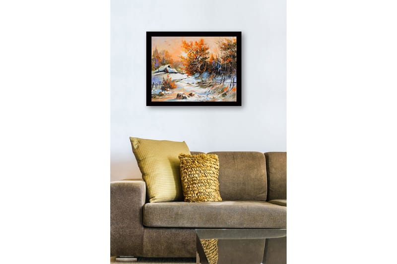 Inramad Canvastavla i trä - 41x56 cm - Vinterlandskap med snöklädda träd och en stuga i bakgrunden - Orange / Vit / Blå - Inredning - Tavlor & posters - Canvastavla