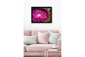Inramad Canvastavla i trä - 41x56 cm - Vit blomma omgiven av rosa rosenblad i en skål - Rosa / Vit - Inredning - Tavlor & posters - Canvastavla