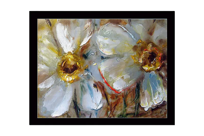 Inramad Canvastavla i trä - 41x56 cm - Vita blommor med gyllene mittpartier, Vit / Guld / Grön