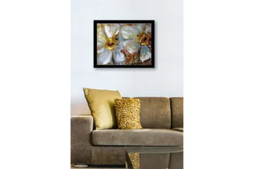 Inramad Canvastavla i trä - 41x56 cm - Vita blommor med gyllene mittpartier - Vit / Guld / Grön - Inredning - Tavlor & posters - Canvastavla