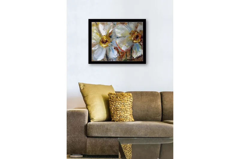 Inramad Canvastavla i trä - 41x56 cm - Vita blommor med gyllene mittpartier - Vit / Guld / Grön - Inredning - Tavlor & posters - Canvastavla