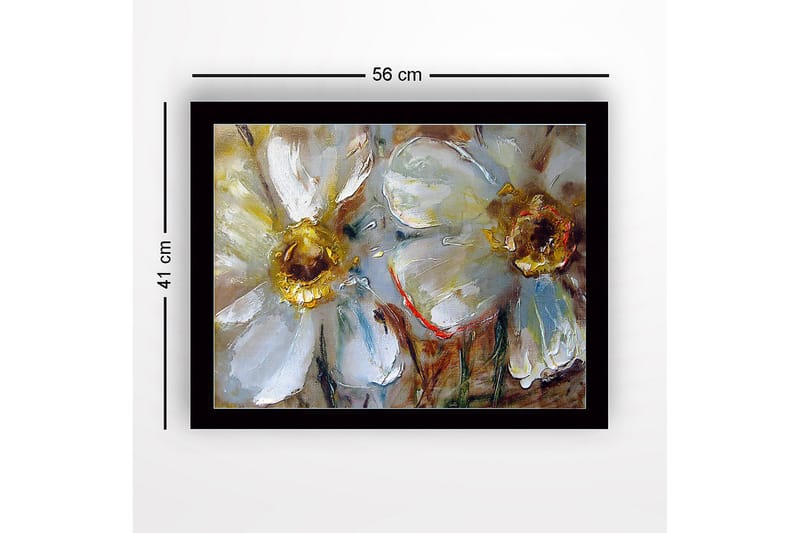 Inramad Canvastavla i trä - 41x56 cm - Vita blommor med gyllene mittpartier - Vit / Guld / Grön - Inredning - Tavlor & posters - Canvastavla