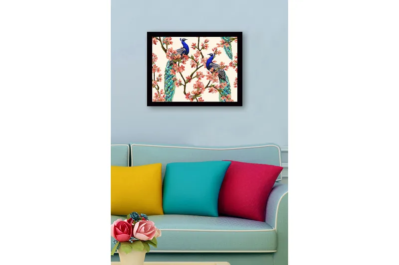 Inramad Canvastavla i trä - 41x56 cm - Påfåglar som sitter bland blommiga grenar - Blå / Rosa / Grön - Inredning - Tavlor & posters - Canvastavla