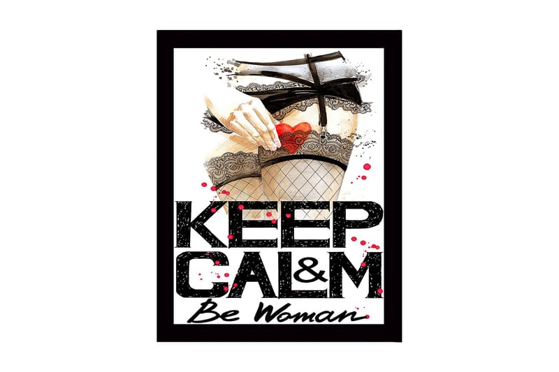 Inramad Canvastavla i trä - 41x56 cm - Provokativt motiv med en hand som håller ett hjärta i en strumpbyxa, Röd / Svart / Beige