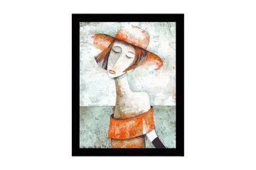 Inramad Canvastavla i trä - 41x56 cm - Porträtt av en kvinna med hatt och röd-orange klädsel - Grön / Röd-orange / Beige - Inredning - Tavlor & posters - Canvastavla