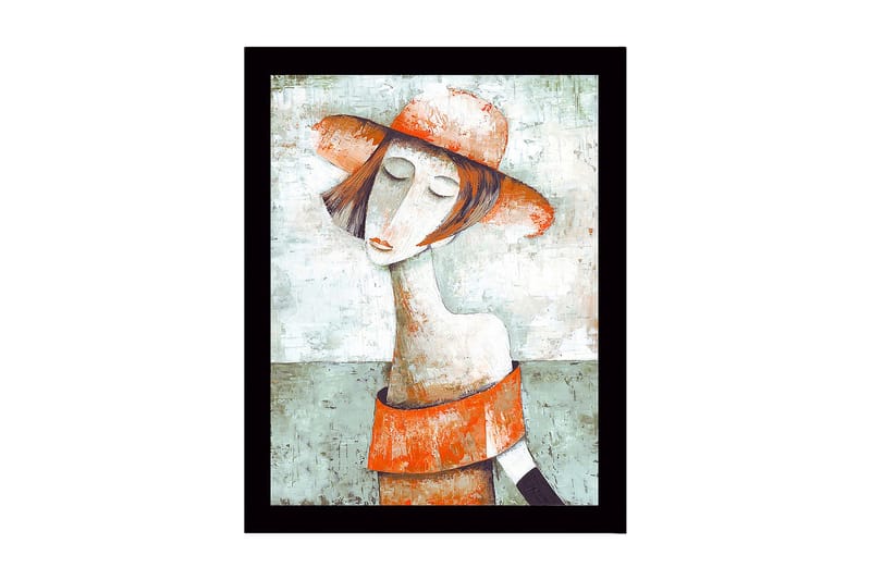Inramad Canvastavla i trä - 41x56 cm - Porträtt av en kvinna med hatt och röd-orange klädsel, Grön / Röd-orange / Beige