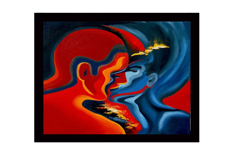 Inramad Canvastavla i trä - 41x56 cm - Passionerat möte mellan två ansikten i intensiva färger, Röd / Blå / Orange