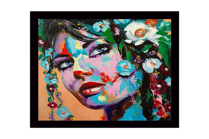 Inramad Canvastavla i trä - 41x56 cm - Porträtt av en kvinna med blomsterdekorationer i håret - Blå / Grön / Röd - Inredning - Tavlor & posters - Canvastavla