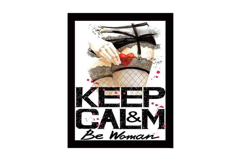 Inramad Canvastavla i trä - 41x56 cm - Provokativt motiv med en hand som håller ett hjärta i en strumpbyxa - Röd / Svart / Beige - Inredning - Tavlor & posters - Canvastavla