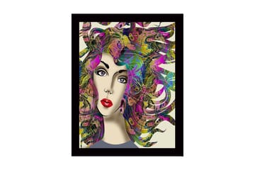 Inramad Canvastavla i trä - 41x56 cm - Porträtt av en kvinna med färgstarka, svallande hårstrån - Lila / Grön / Rosa - Inredning - Tavlor & posters - Canvastavla