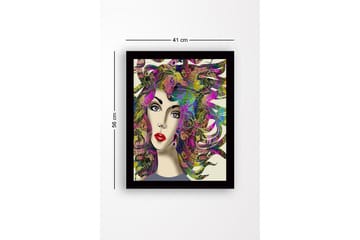 Inramad Canvastavla i trä - 41x56 cm - Porträtt av en kvinna med färgstarka, svallande hårstrån - Lila / Grön / Rosa - Inredning - Tavlor & posters - Canvastavla