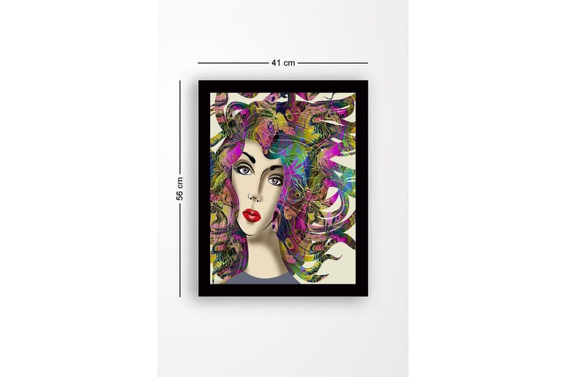 Inramad Canvastavla i trä - 41x56 cm - Porträtt av en kvinna med färgstarka, svallande hårstrån - Lila / Grön / Rosa - Inredning - Tavlor & posters - Canvastavla