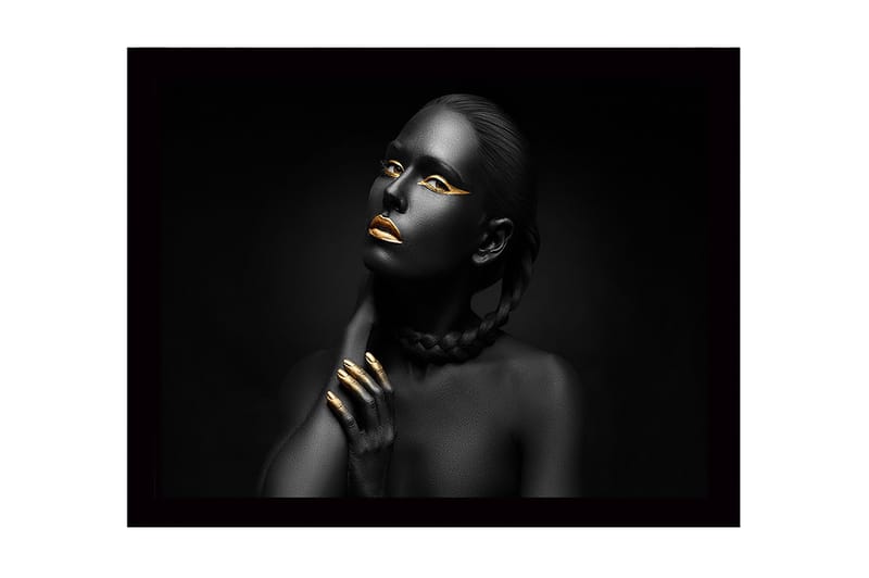 Inramad Canvastavla i trä - 41x56 cm - Porträtt av en kvinna med svart hud och guldiga detaljer, Svart / Guld