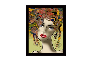 Inramad Canvastavla i trä - 41x56 cm - Porträtt av en kvinna med färgglad frisyr och starka drag - Röd / Gul / Grön - Inredning - Tavlor & posters - Canvastavla